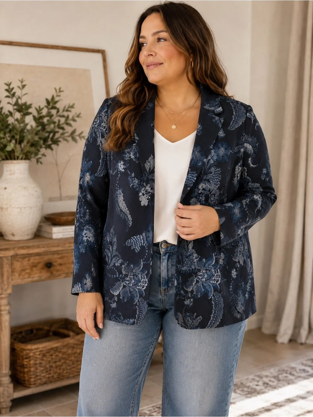 Chico’s Floral Jacquard Navy Jacquard Office Evening Jacket 3= XL NEW